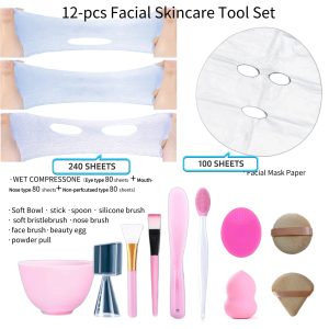all in 12 piece facial skincare tool set with silicone mask bowl, brushes & disposable sheet masks – 240 wet compress pads + 100 face mask sheets